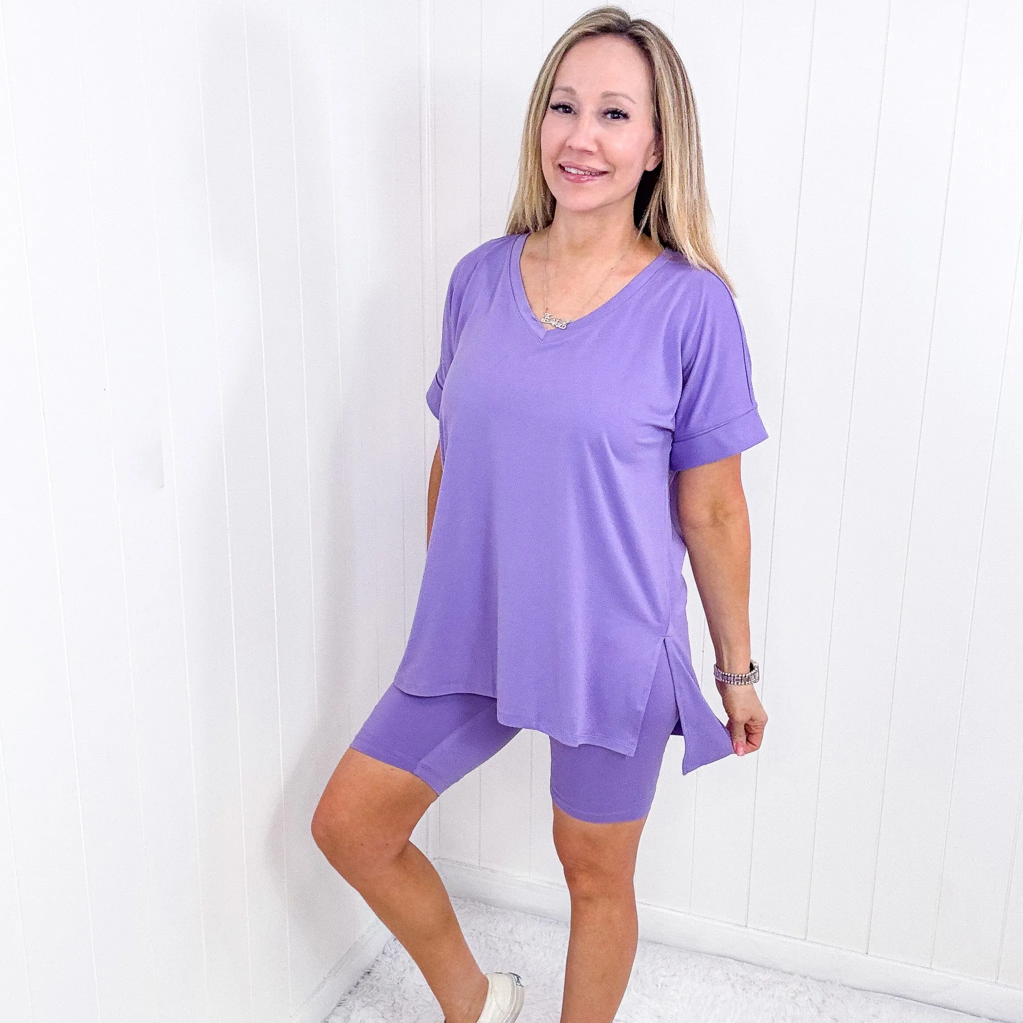 Lavender Creamy Soft V Neckline Biker Short Set
