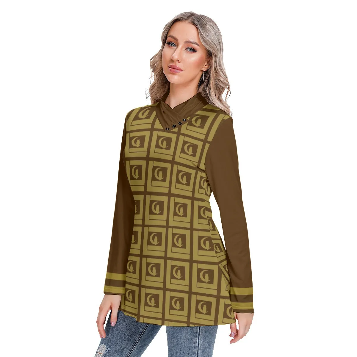 LCC VINTAGE Long-sleeved Heap-neck Slim Casual Tunic Blouse