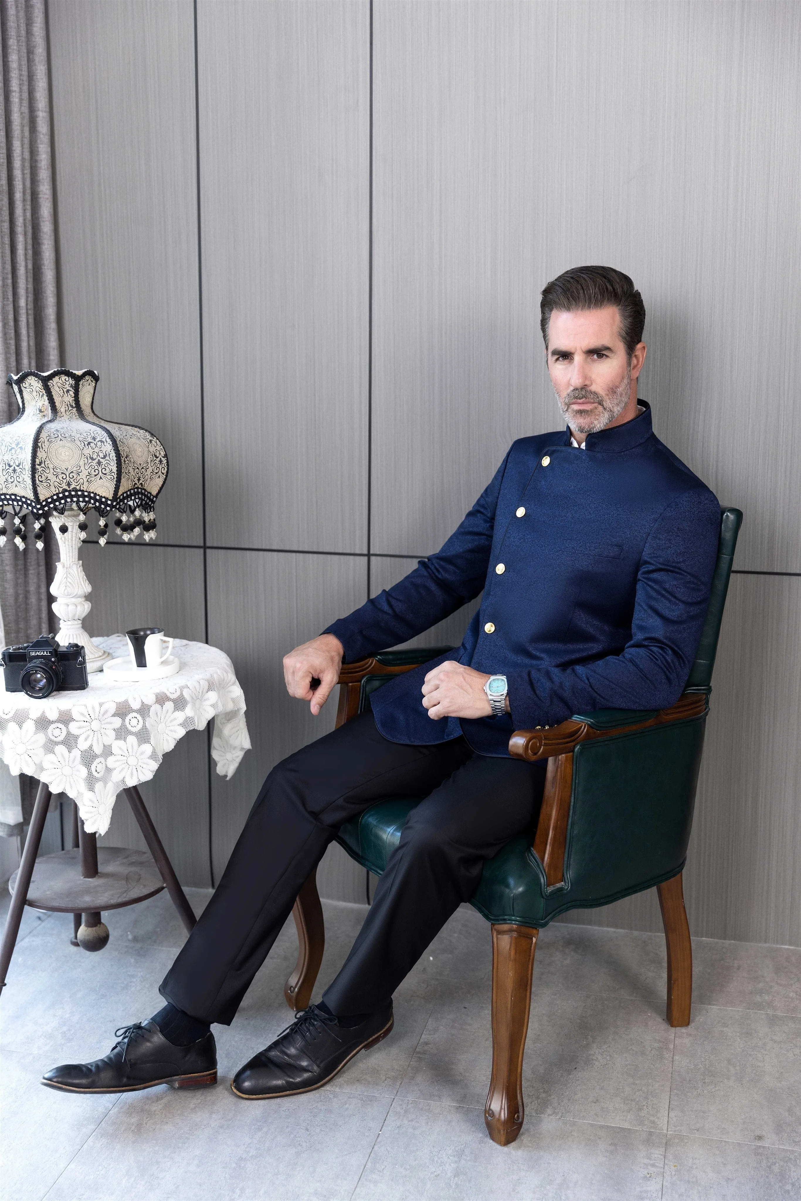 Men's Fashion Stand Collar  Oblique buckle Suit Blazer