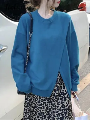 Metaversmall Vintage Chic Blue Split Female Hoodies Fashion Ins Solid Color O-neck Pullover Loose Women's Sweatshirts Office Ladies