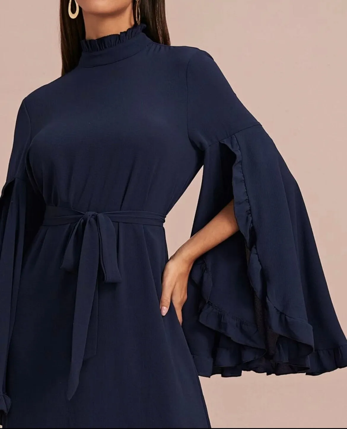 Mock-Neck Ruffle Trim Split Sleeve Belted Dress