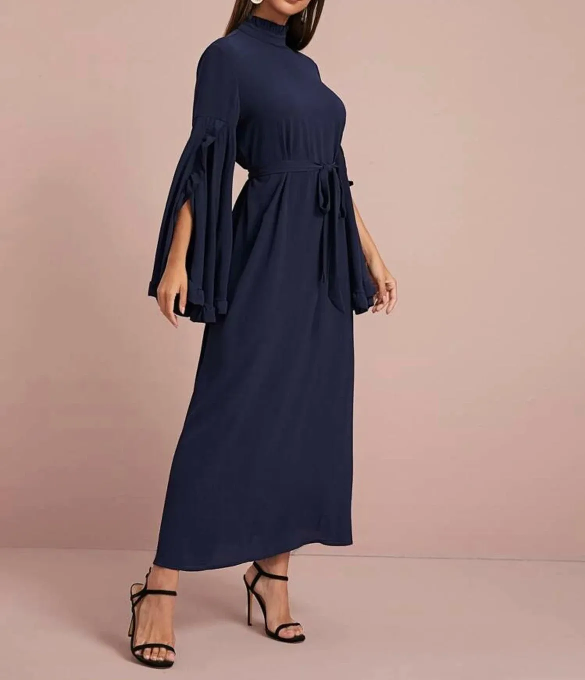Mock-Neck Ruffle Trim Split Sleeve Belted Dress