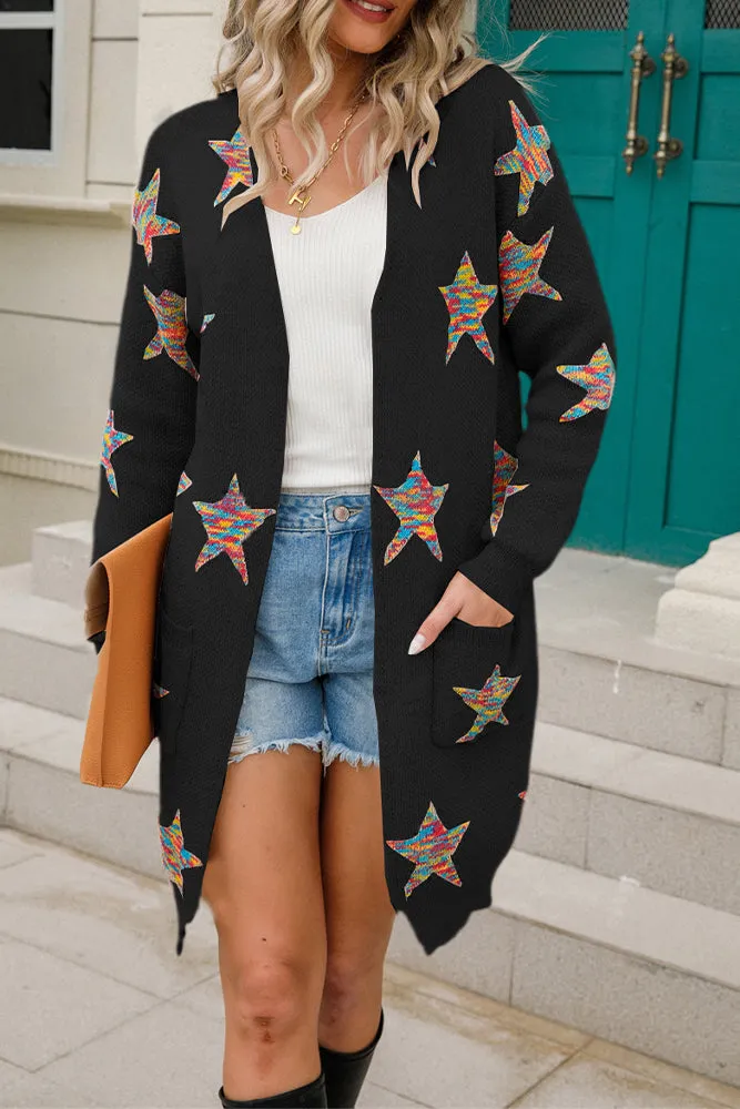 Multicolor Star Knit Long Open Cardigans