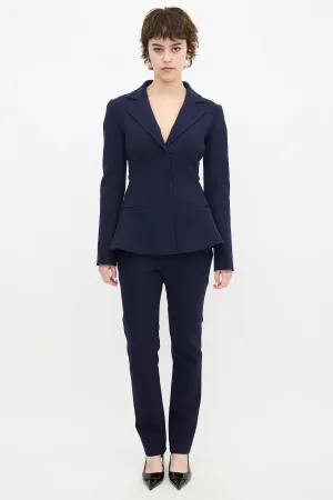 Navy Wool & Nylon Flared Waist Suit