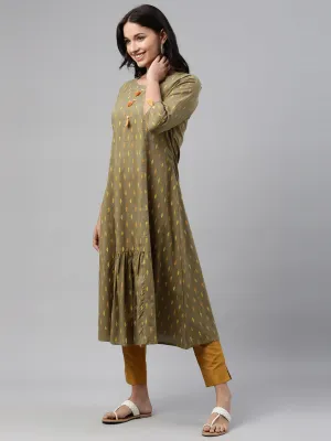 Neeru's Olive Color Cotton Print Fabric Tunic