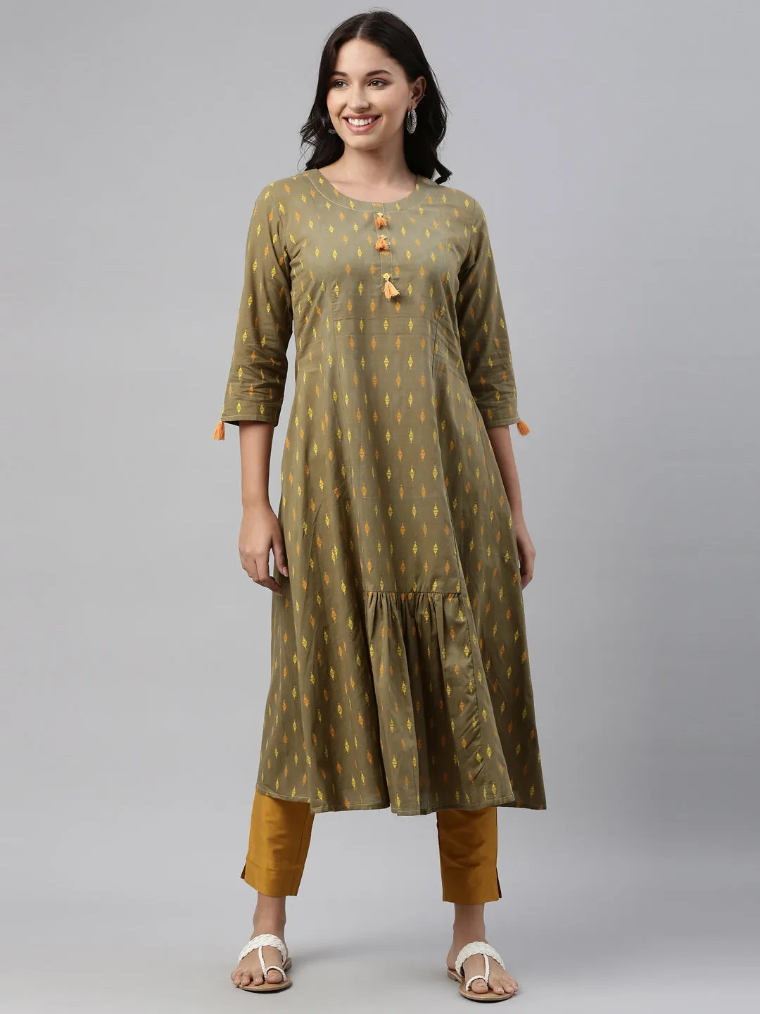 Neeru's Olive Color Cotton Print Fabric Tunic