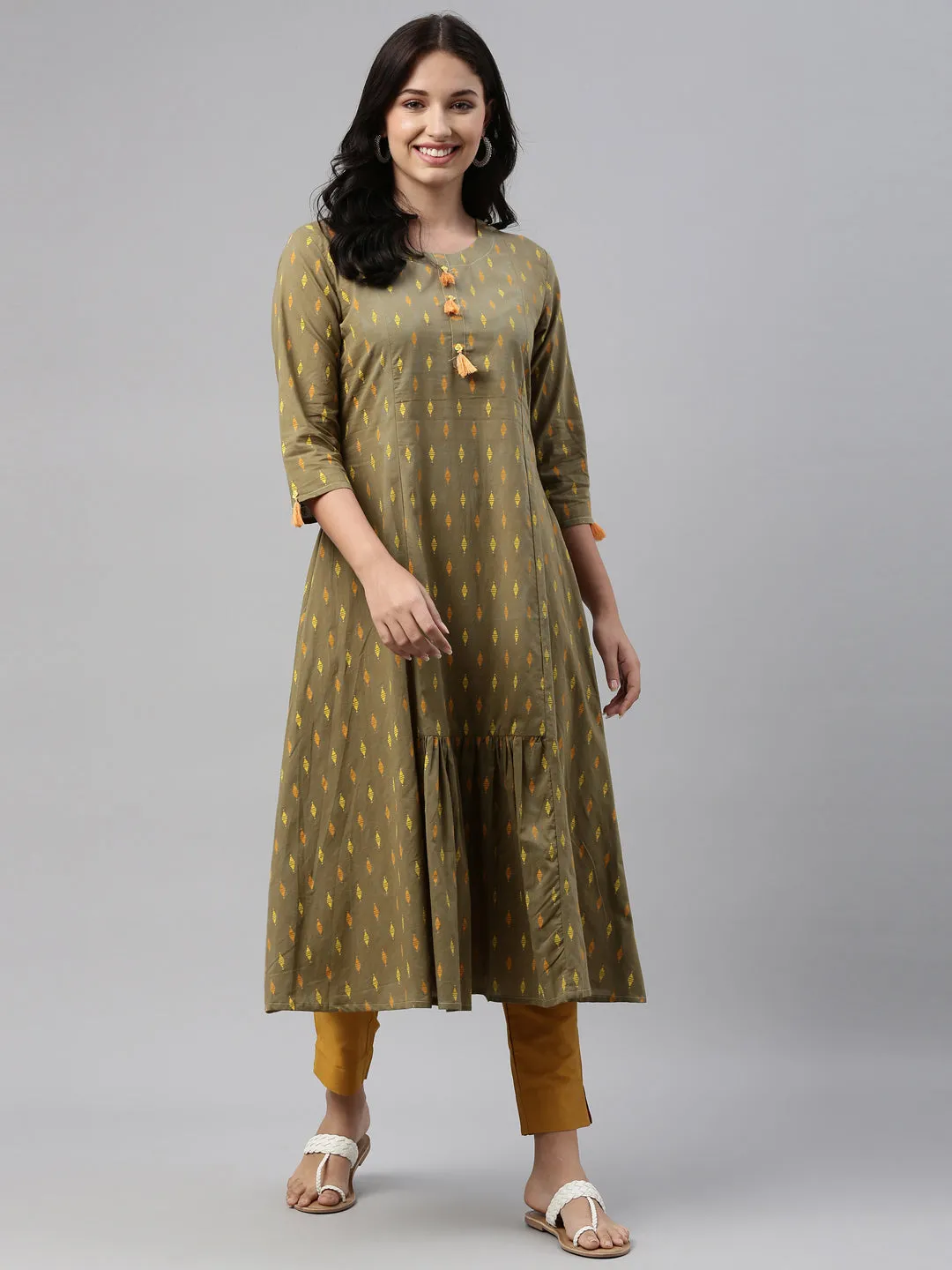 Neeru's Olive Color Cotton Print Fabric Tunic