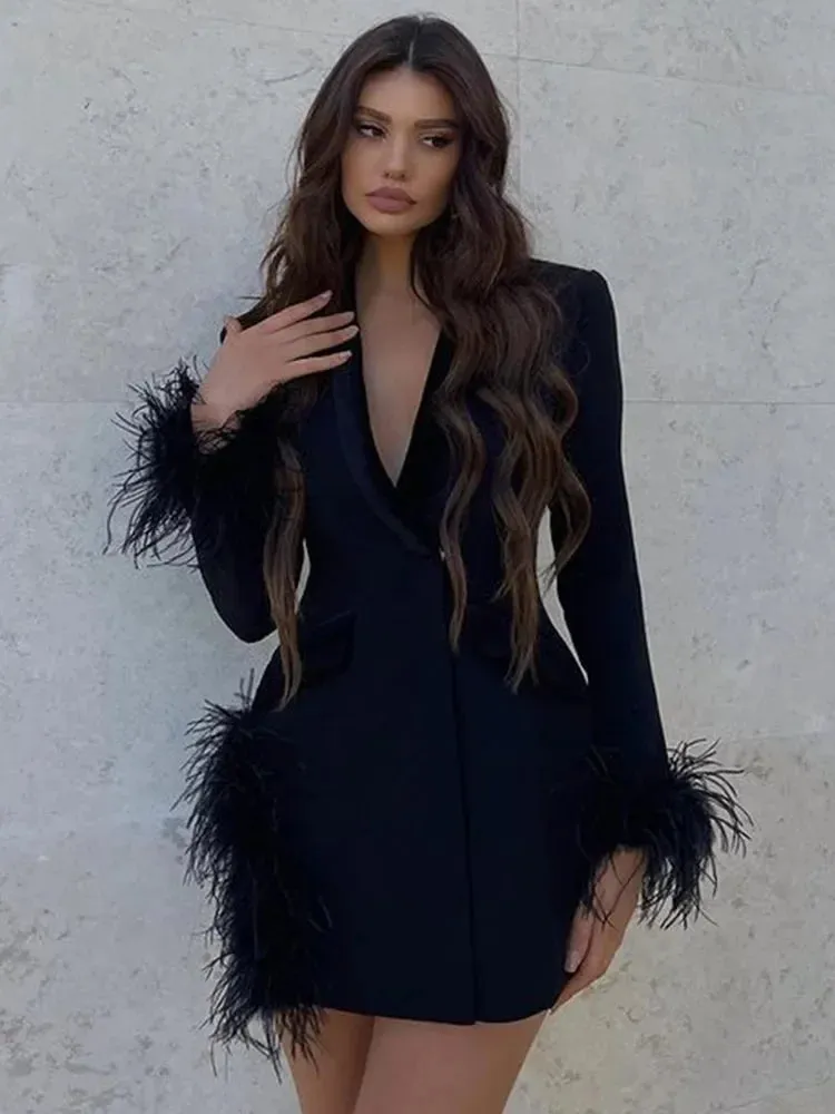 New Elegant Chic Classy Feather Blazer Dress Feather Dress Blazer Dress