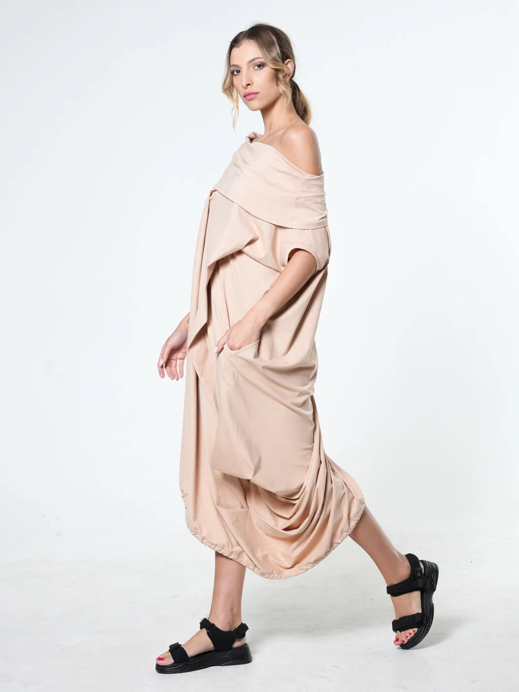 Oversize Cotton Kaftan Dress In Beige