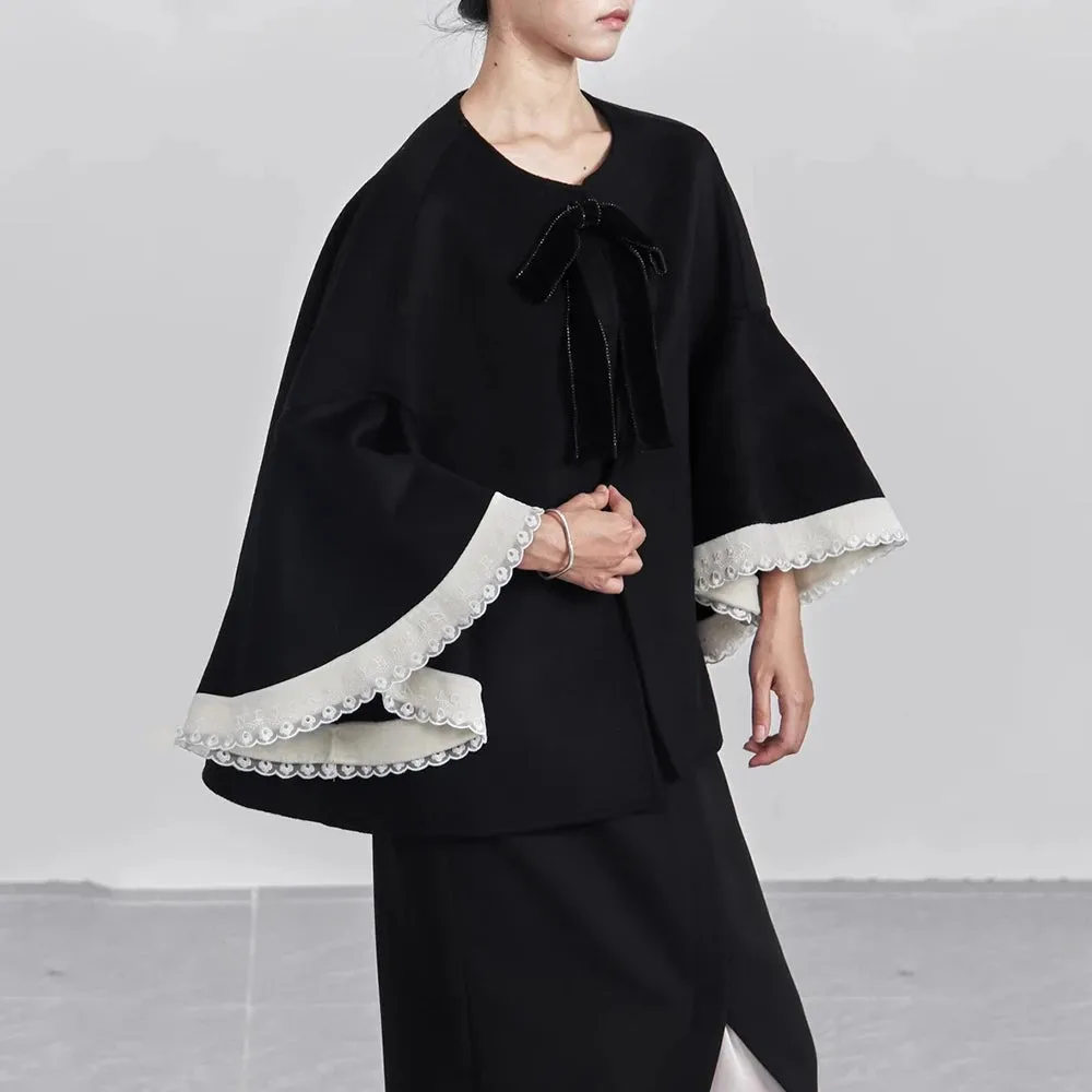 Patchwork Bowknot Loose Coats Round Neck Flare Sleeve