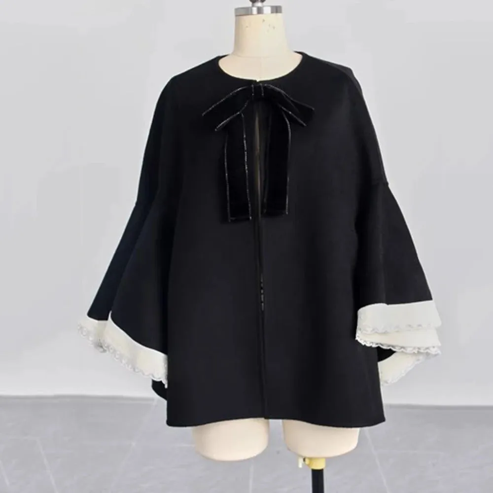Patchwork Bowknot Loose Coats Round Neck Flare Sleeve