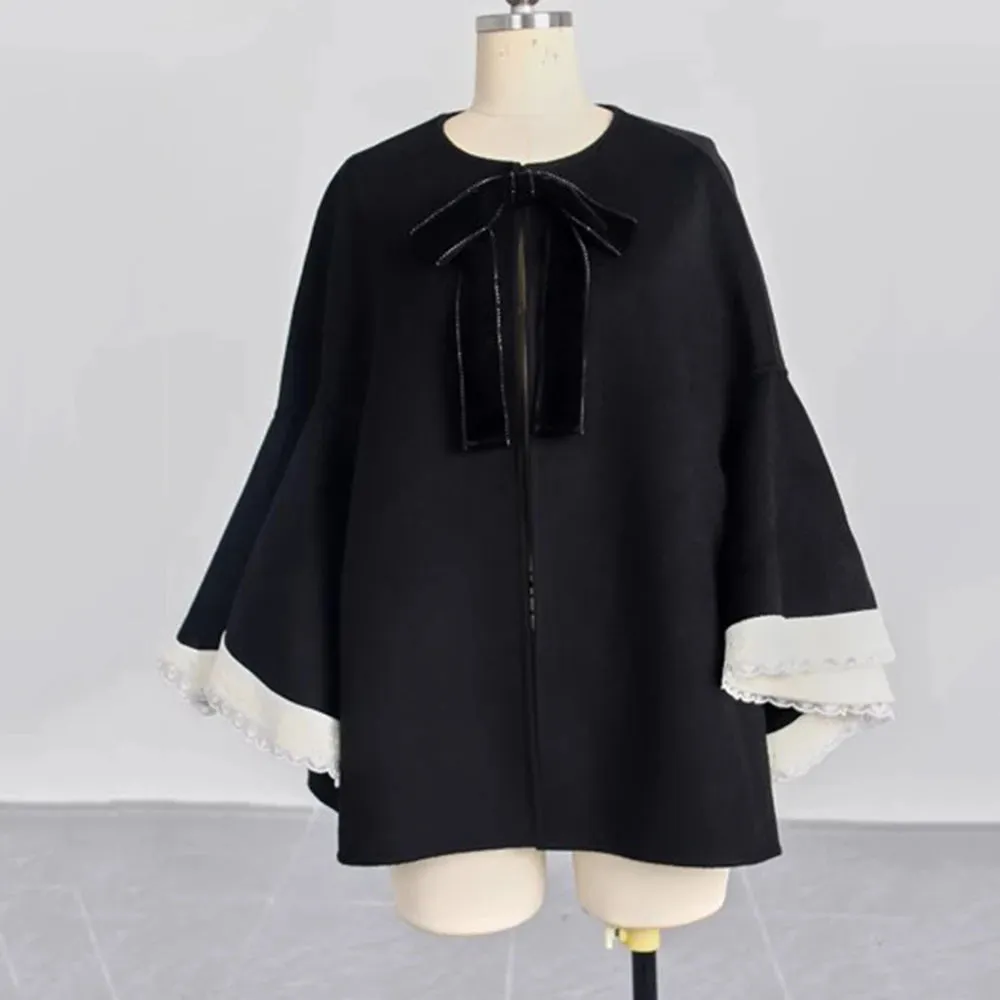 Patchwork Bowknot Loose Coats Round Neck Flare Sleeve