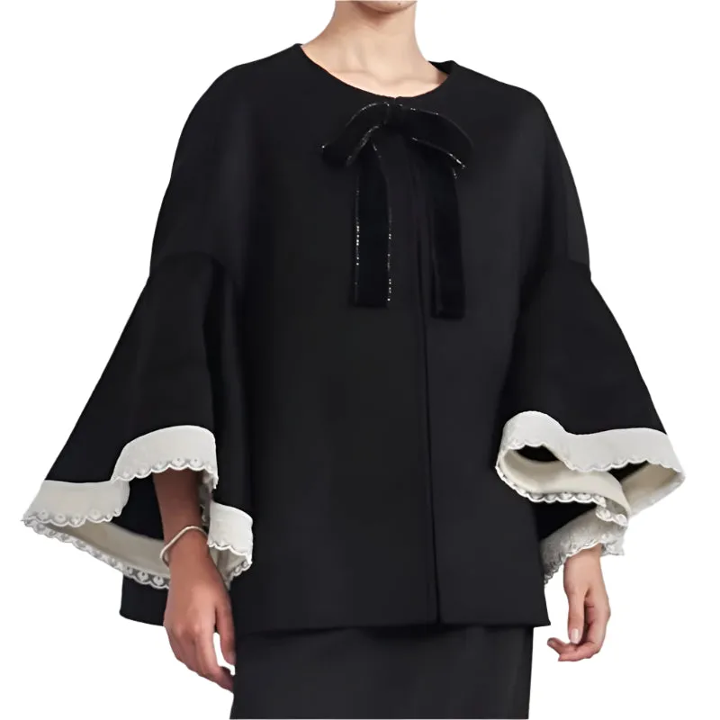 Patchwork Bowknot Loose Coats Round Neck Flare Sleeve
