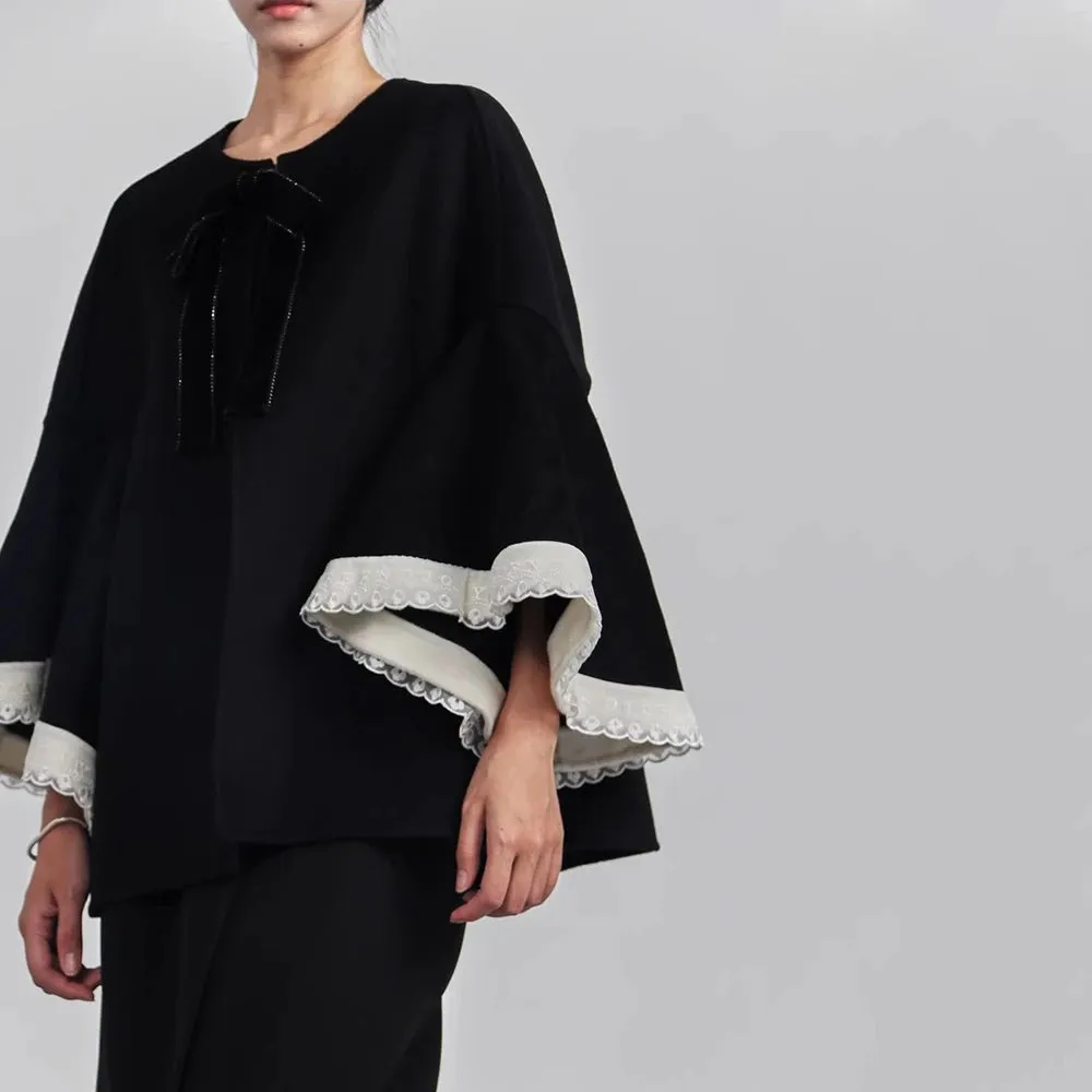 Patchwork Bowknot Loose Coats Round Neck Flare Sleeve