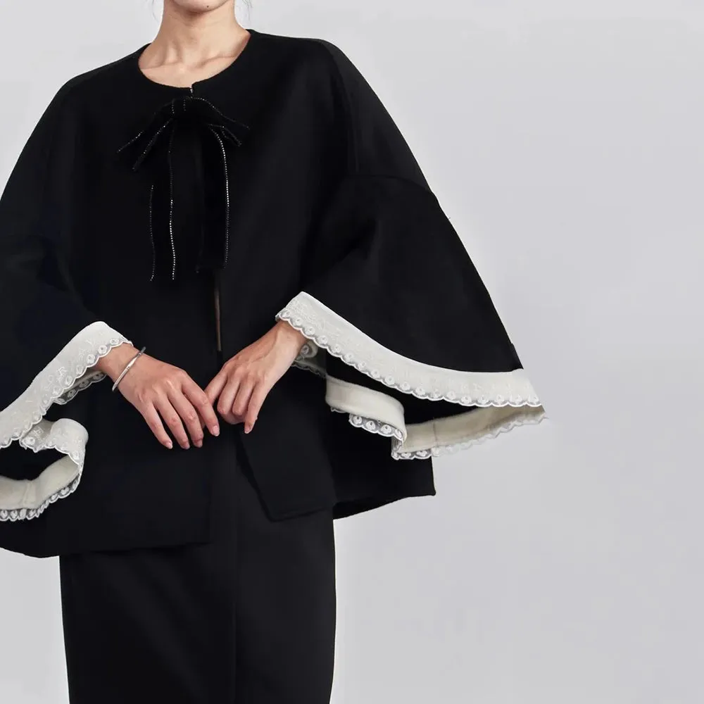 Patchwork Bowknot Loose Coats Round Neck Flare Sleeve