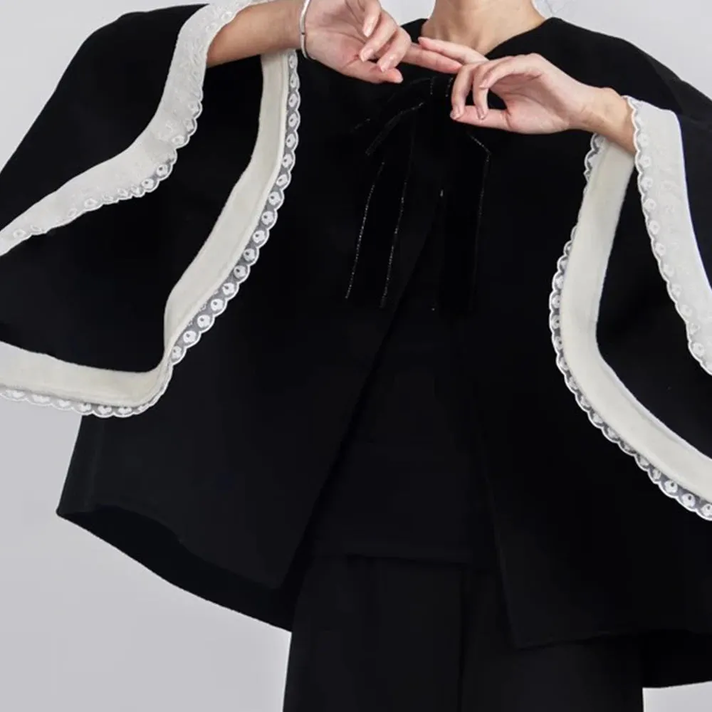 Patchwork Bowknot Loose Coats Round Neck Flare Sleeve