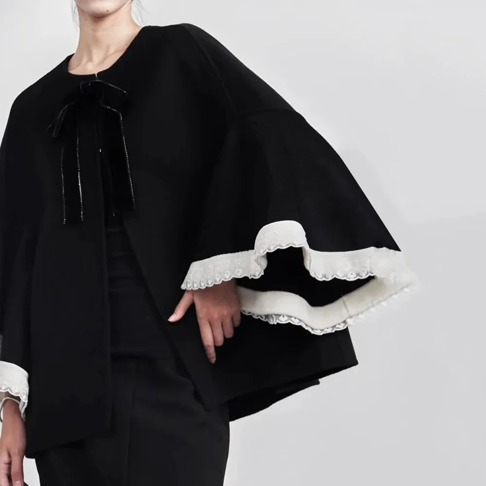 Patchwork Bowknot Loose Coats Round Neck Flare Sleeve