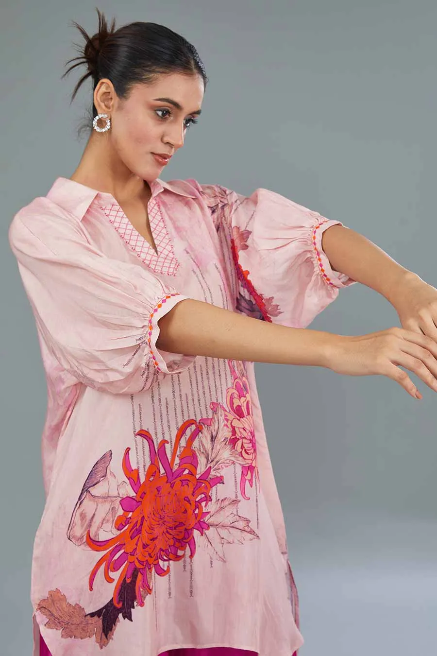 Pink Embellished High-Low Tunic & Pant Set
