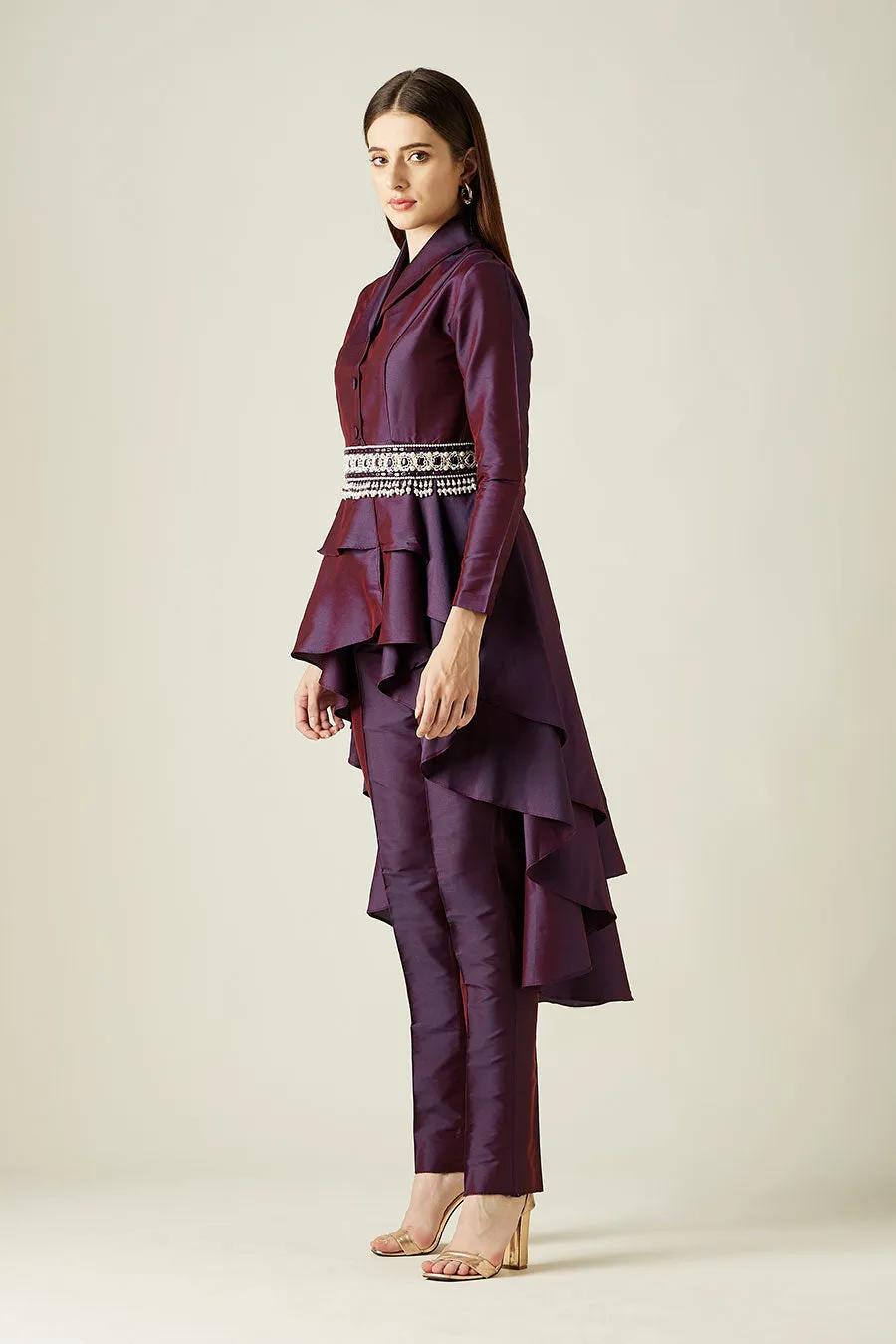 Purple Blazer Tunic Co-Ord Set With Crystal Belt