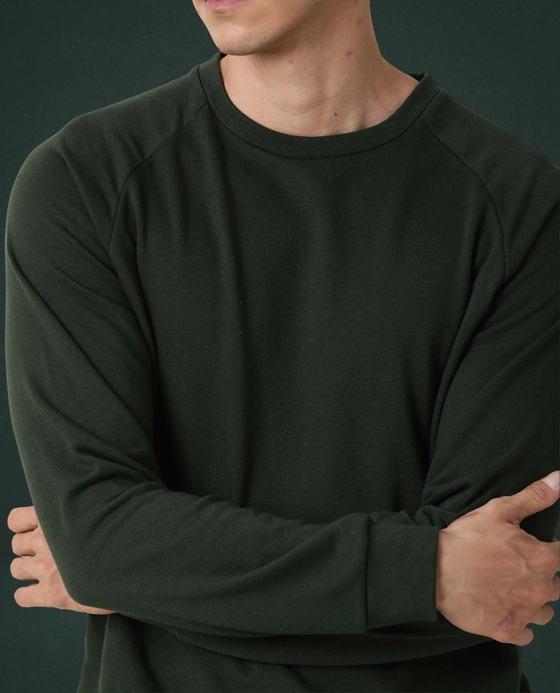 Rare Rabbit Articale Men's Arum Mountain Green Cotton Fabric Full Sleeves Solid Sweatshirt