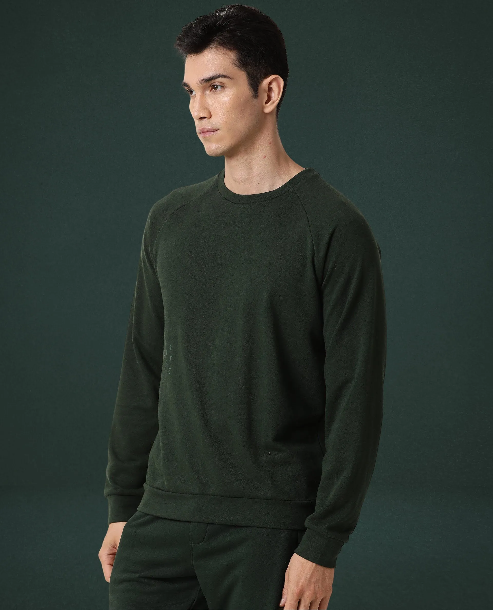 Rare Rabbit Articale Men's Arum Mountain Green Cotton Fabric Full Sleeves Solid Sweatshirt