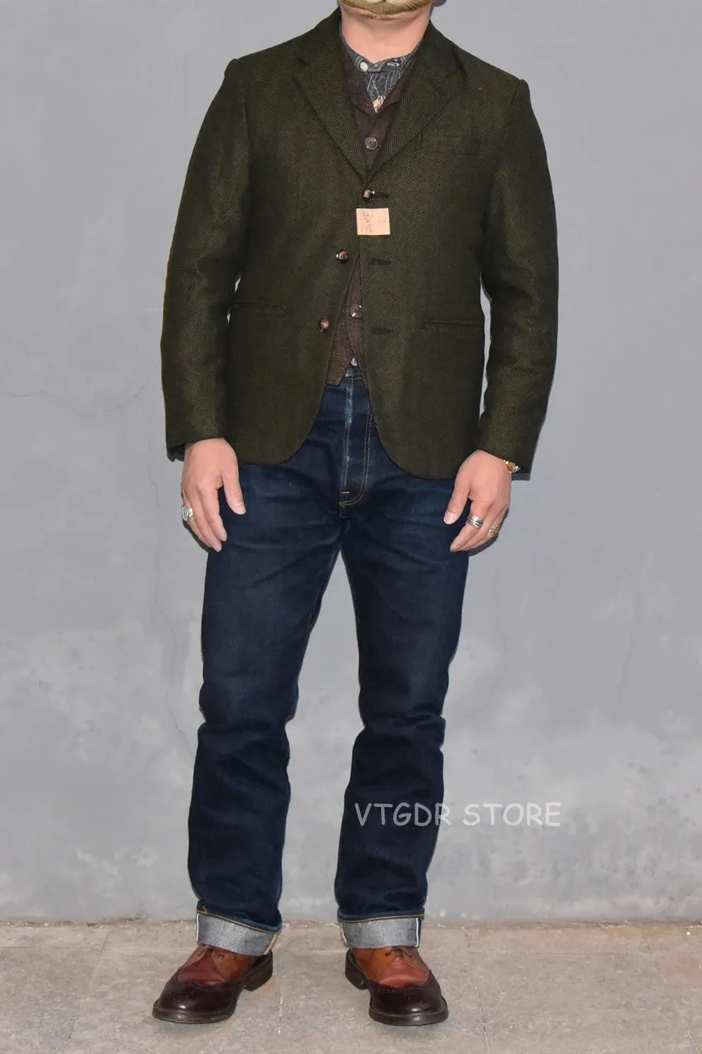 Retro Style Tweed Jacket Blazer Men's Herringbone Wool Sport Coat