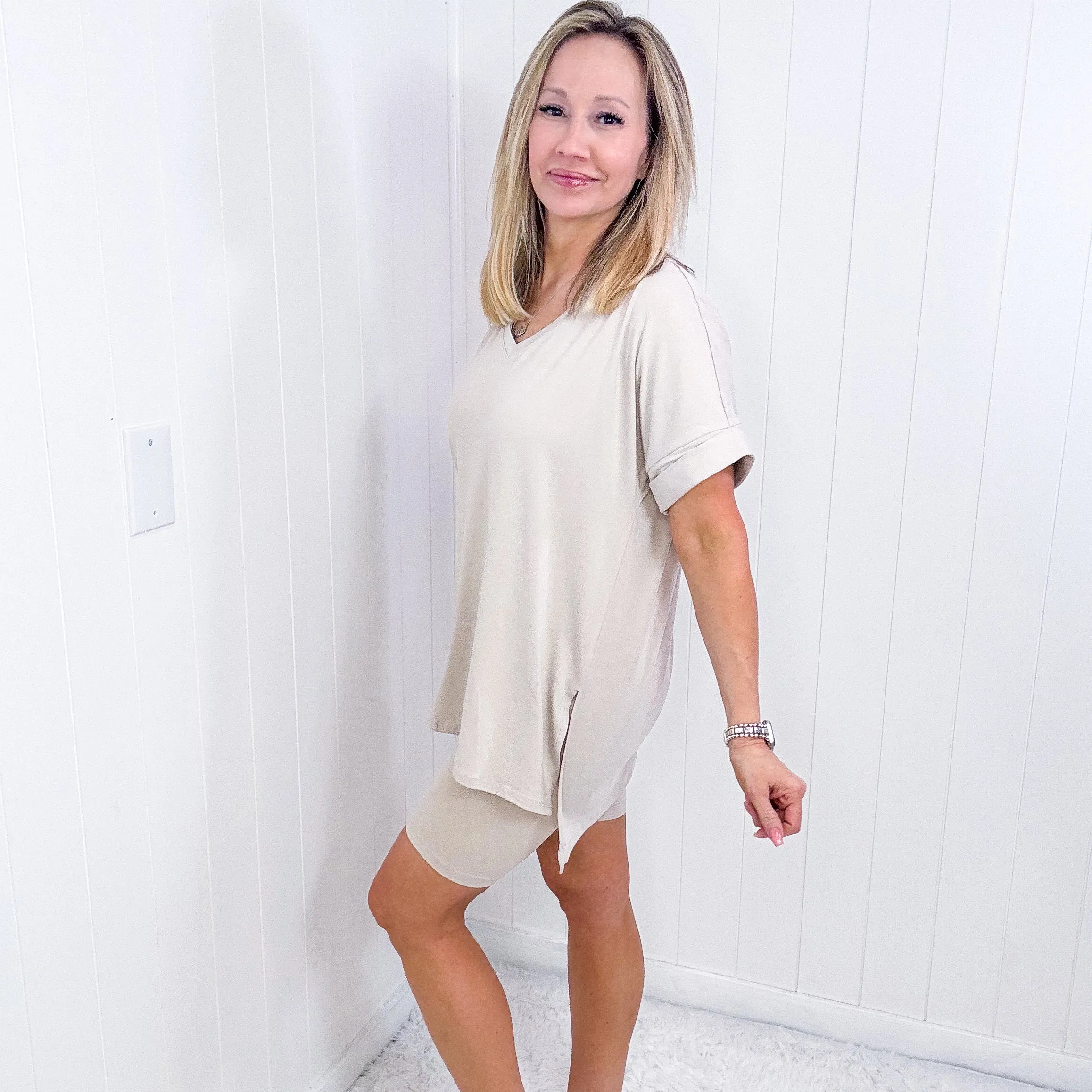 Sandy Beach Creamy Soft V Neckline Biker Short Set
