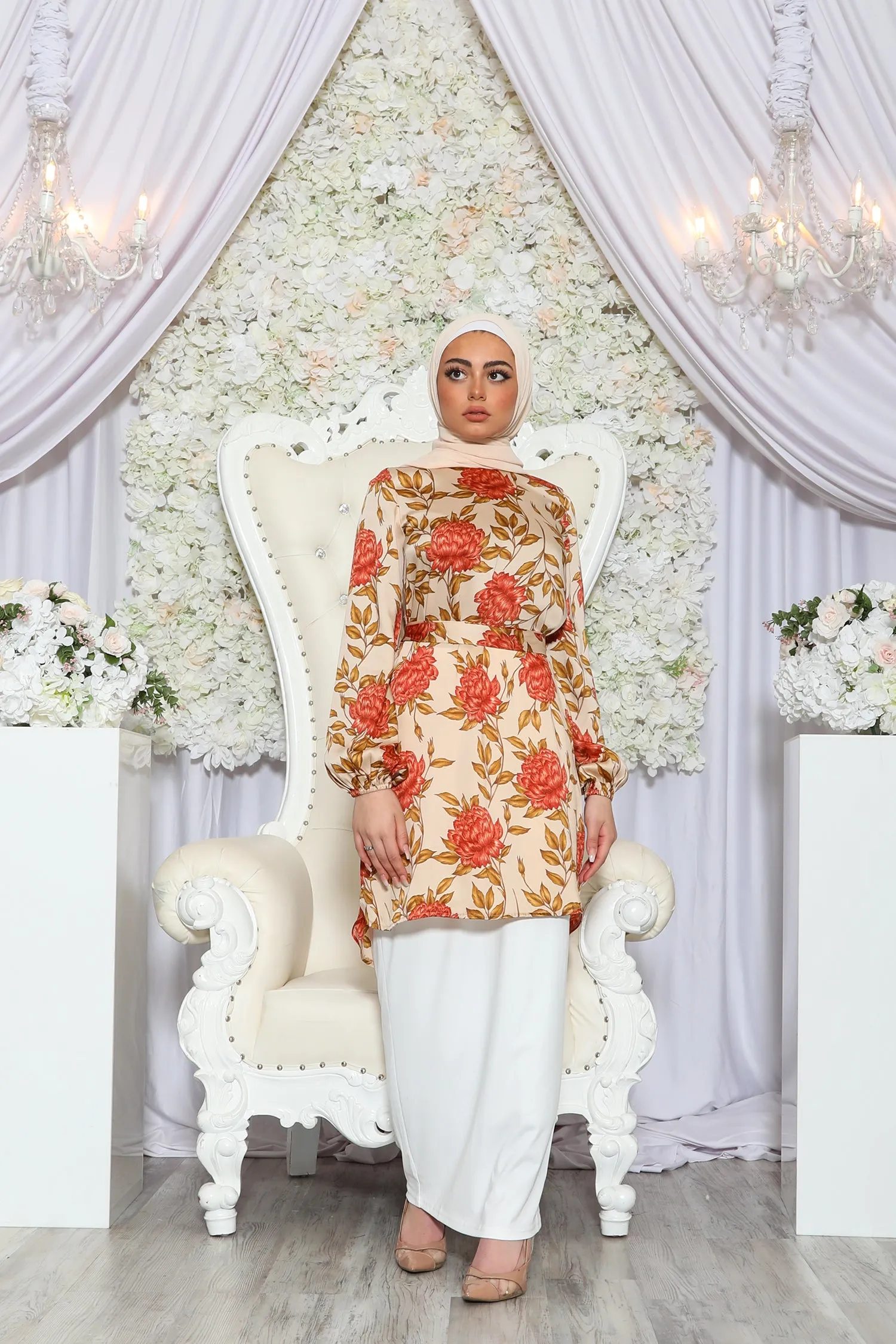 Satin Floral Belted Top- Burnt orange/Cream