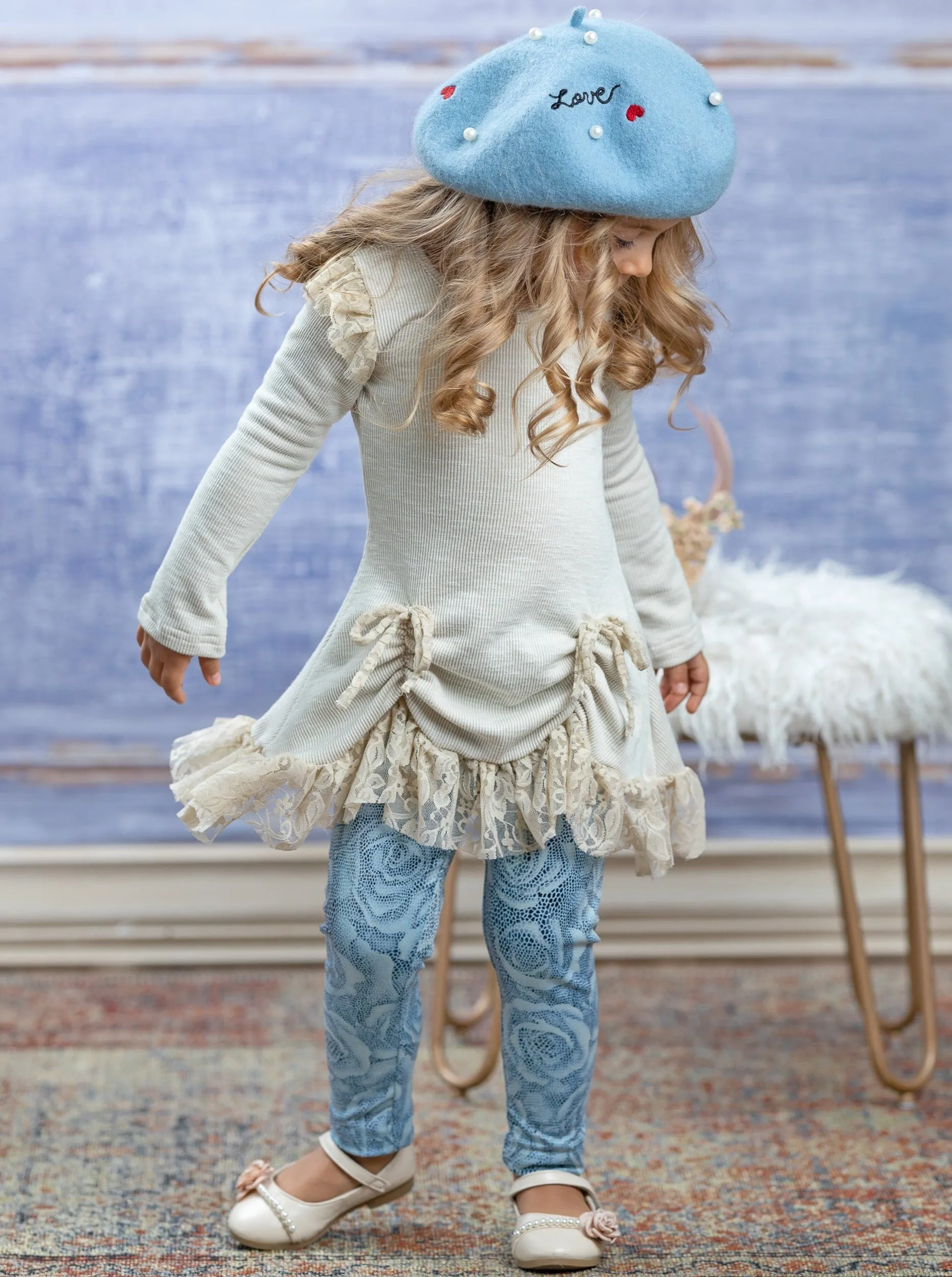 Shiny Rose Drawstring Ruffle Tunic And Legging Set