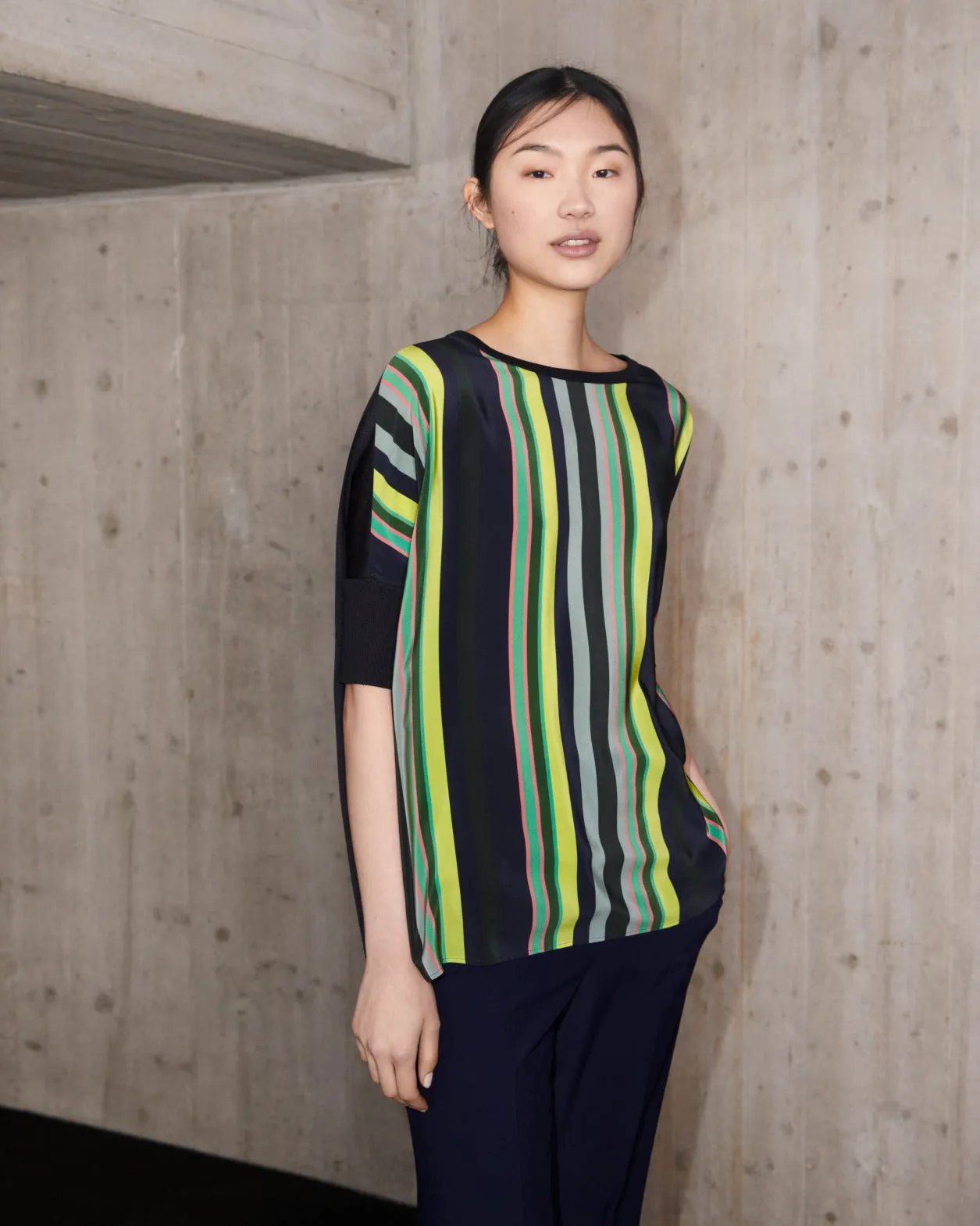 Silk Cotton Tunic with Polychromatic Stripes Print