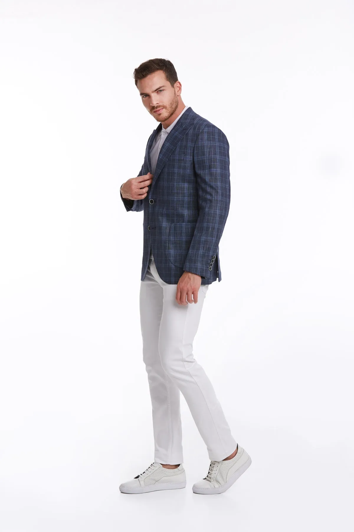 Slim Fit Navy Peak Lapel Plaid Linen Classic Blazer