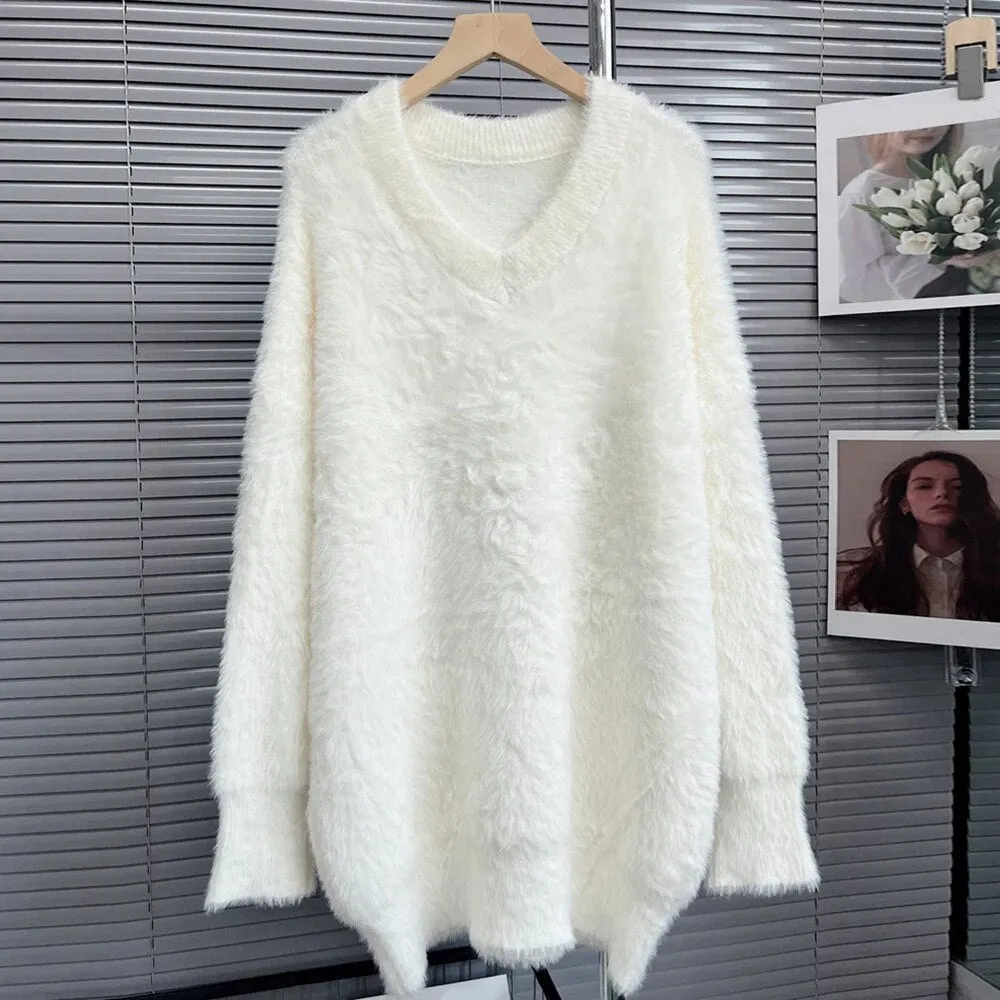 Solid Casual Loose Knitting Sweaters For Women V Neck Long Sleeve Pullover Minimalist Sweater Female Fashion New