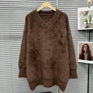 Solid Casual Loose Knitting Sweaters For Women V Neck Long Sleeve Pullover Minimalist Sweater Female Fashion New