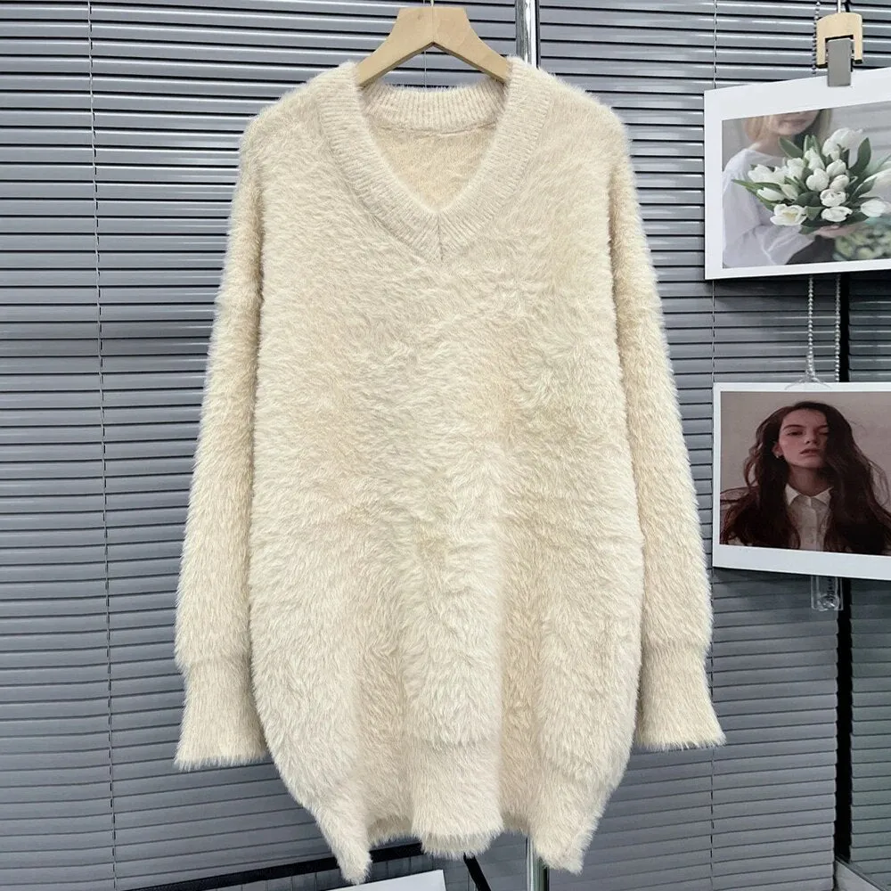 Solid Casual Loose Knitting Sweaters For Women V Neck Long Sleeve Pullover Minimalist Sweater Female Fashion New
