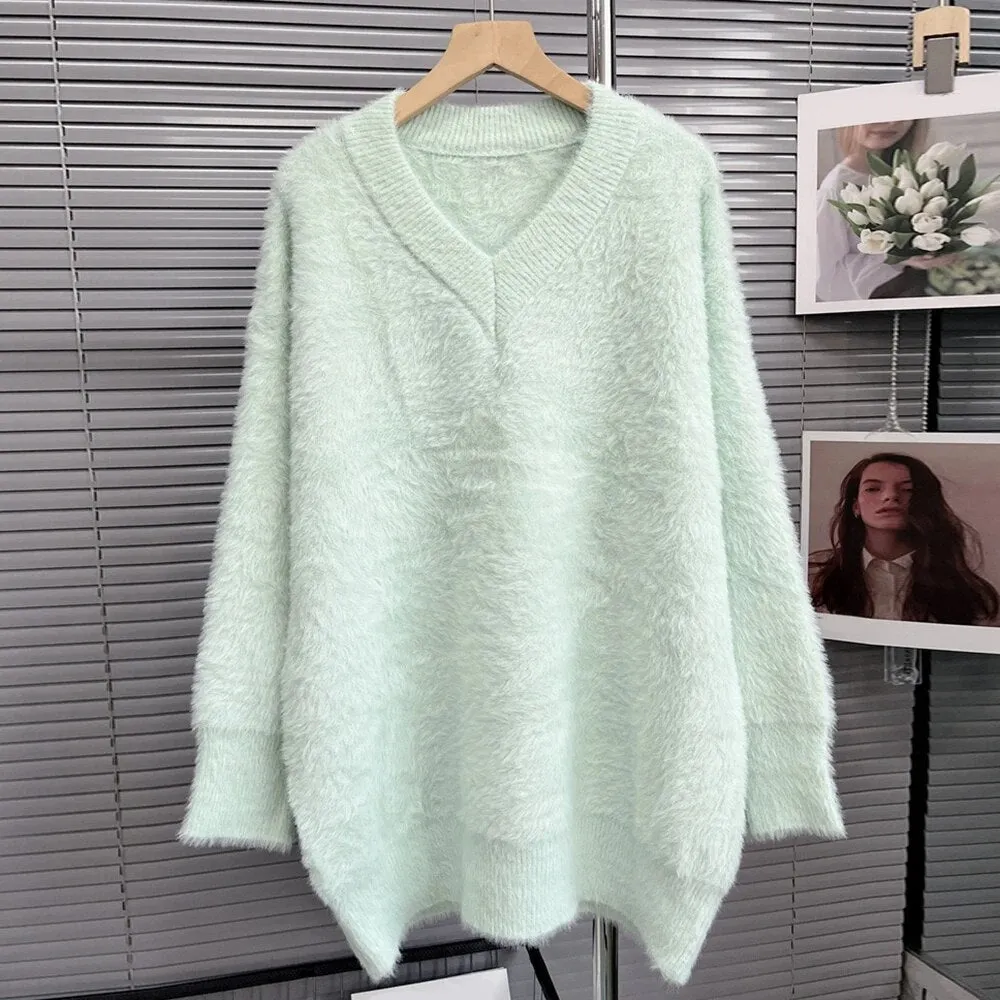 Solid Casual Loose Knitting Sweaters For Women V Neck Long Sleeve Pullover Minimalist Sweater Female Fashion New