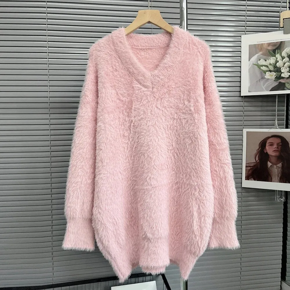 Solid Casual Loose Knitting Sweaters For Women V Neck Long Sleeve Pullover Minimalist Sweater Female Fashion New