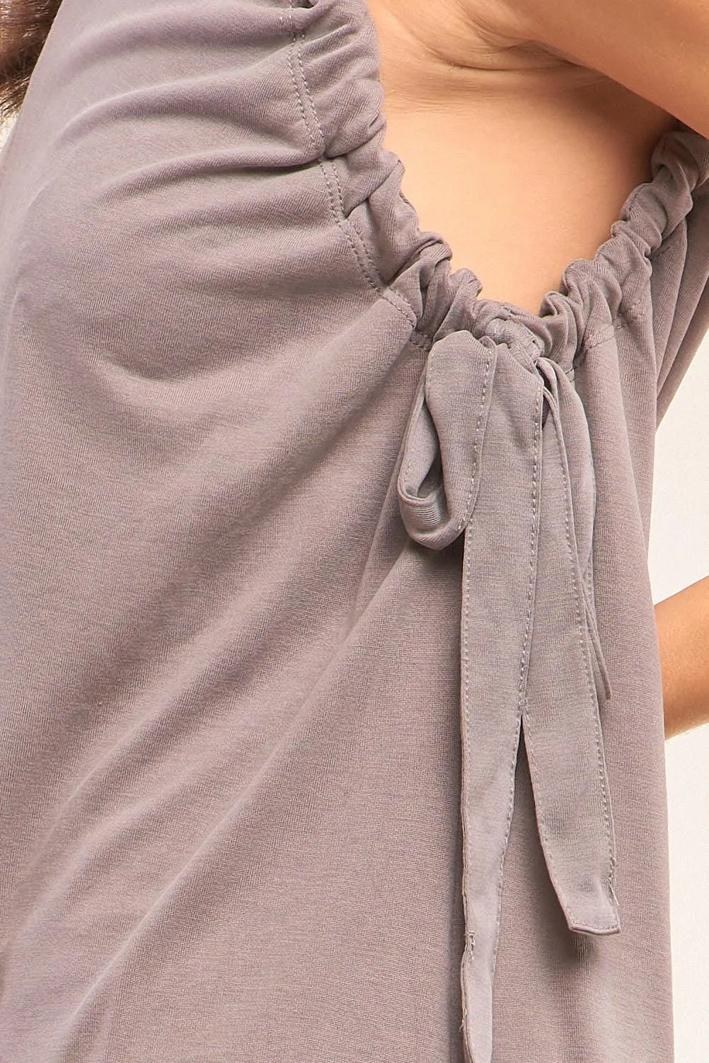 Stone Gray Sleeveless Drawstring Detail Crew Neck Relaxed Fit Tunic Top /2-2-1