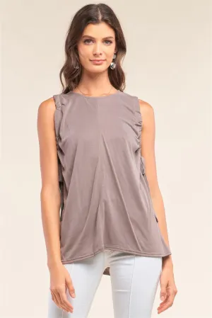 Stone Gray Sleeveless Drawstring Detail Crew Neck Relaxed Fit Tunic Top /2-2-1