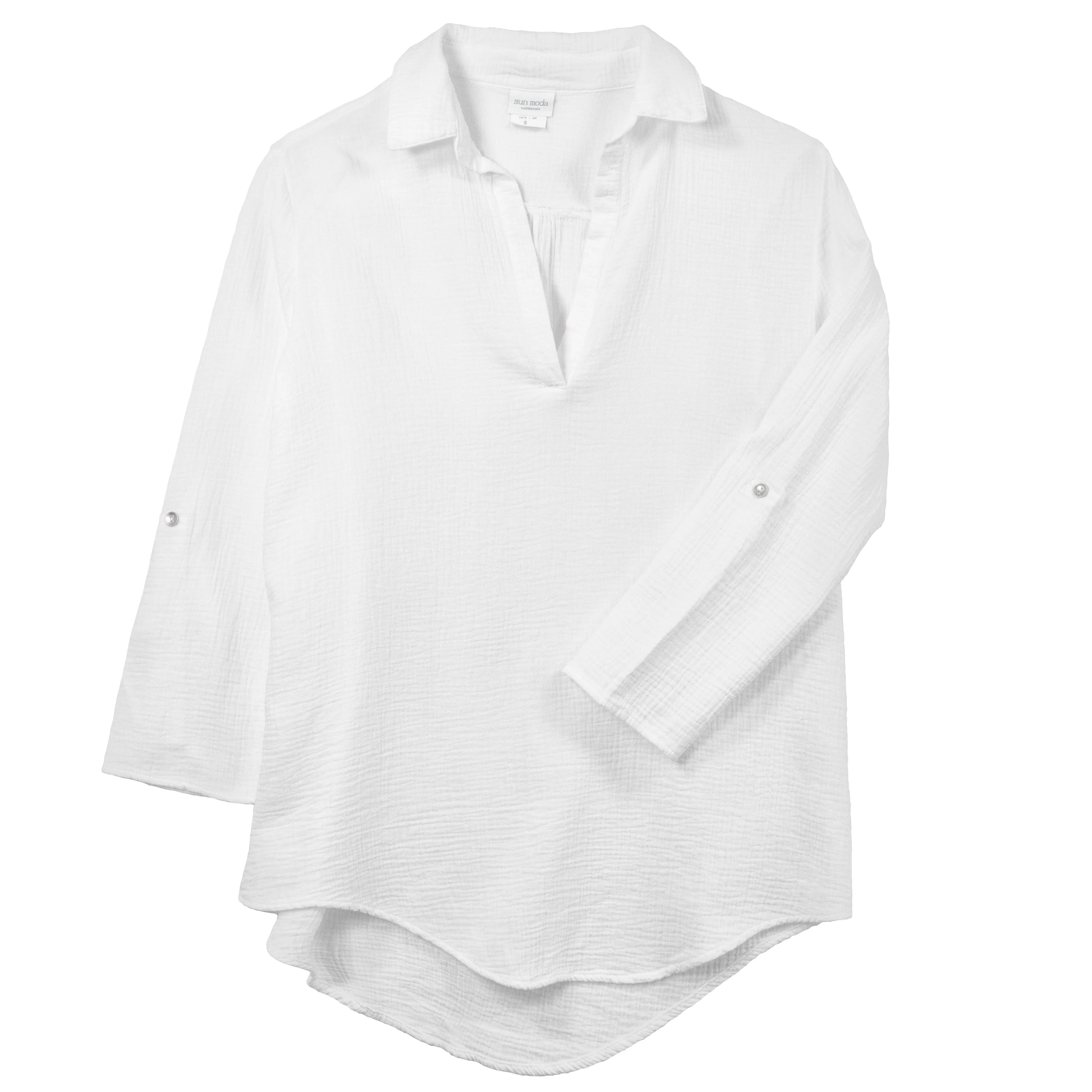 Sun Moda Women’s Havana Tunic Top Shirt Double Gauze Rolled Sleeve Resort Wear Made in USA