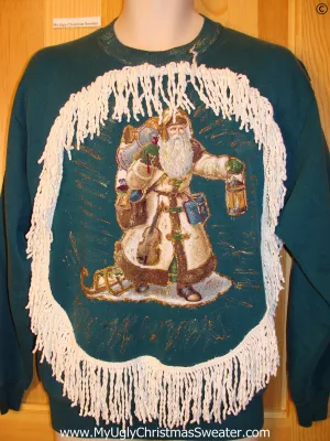 Tacky Christmas Sweatshirt Homemade Gold Santa Fringe