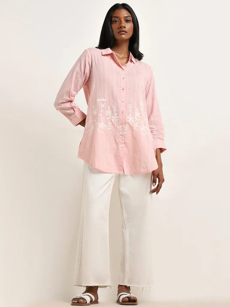 Utsa Light Pink Floral Embroidered Cotton Tunic