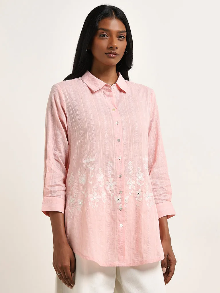 Utsa Light Pink Floral Embroidered Cotton Tunic