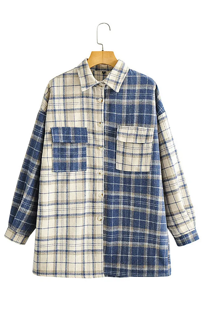 Winter Outfits Plaid Splicing Shacket Jacket Women
