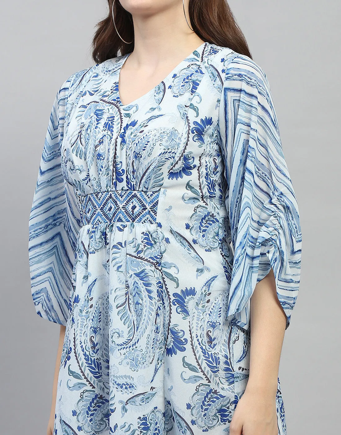 Women Sky Blue Printed V Neck 3/4 Sleeve Dress