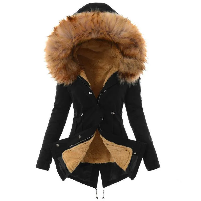 Women thick faux fur collar hooded slim fit winter coat