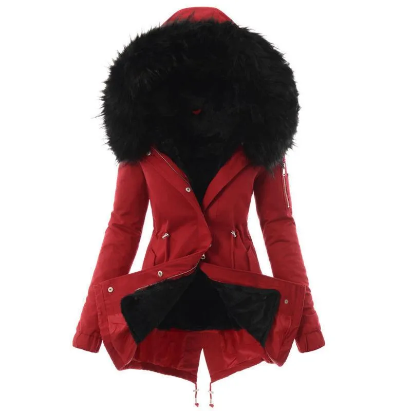 Women thick faux fur collar hooded slim fit winter coat