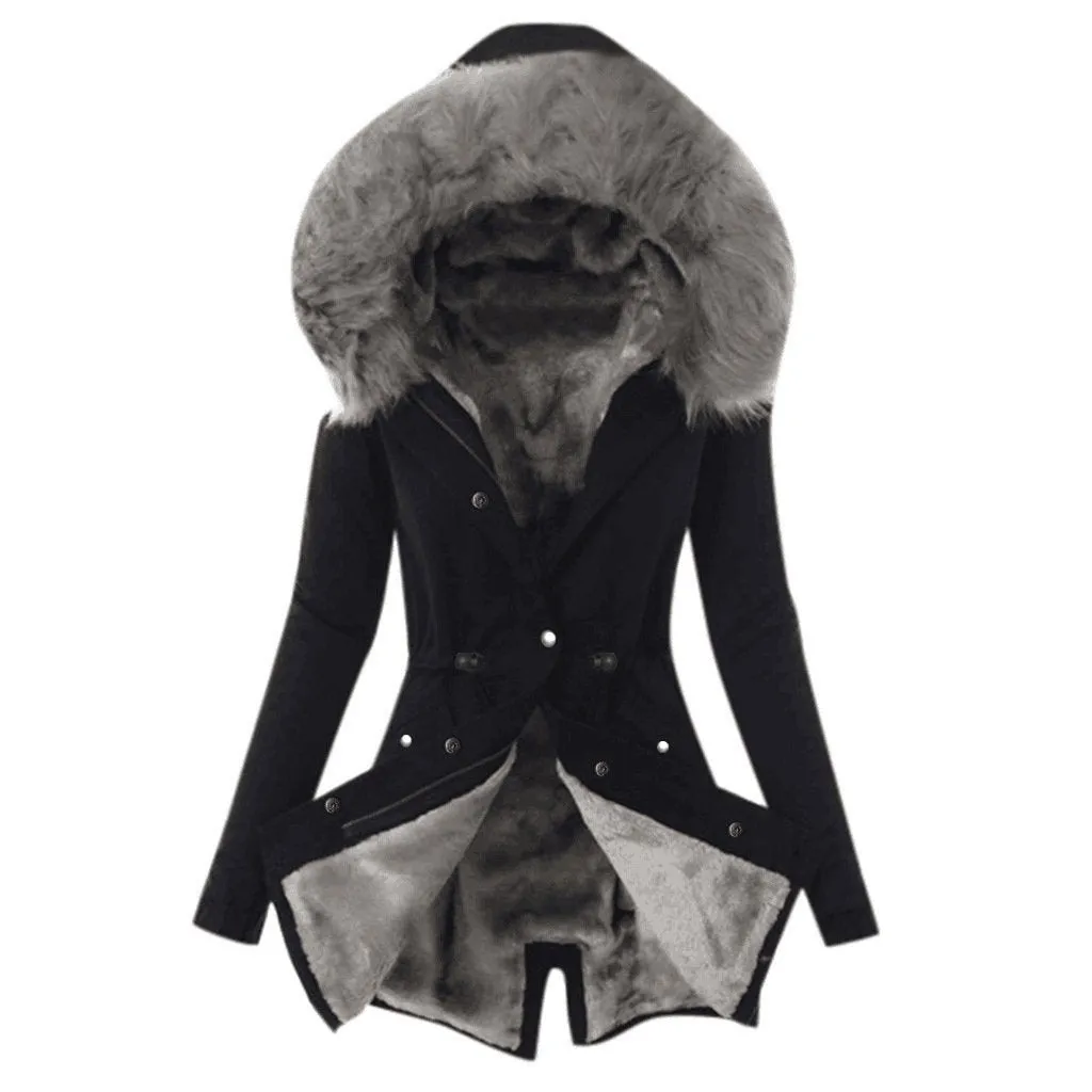 Women thick faux fur collar hooded slim fit winter coat