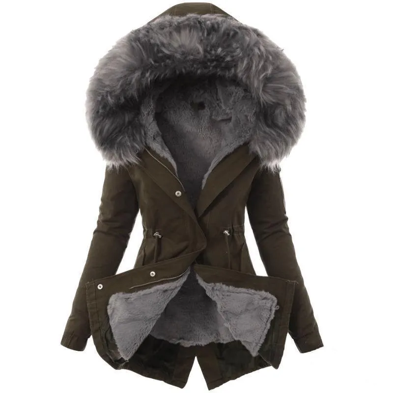 Women thick faux fur collar hooded slim fit winter coat
