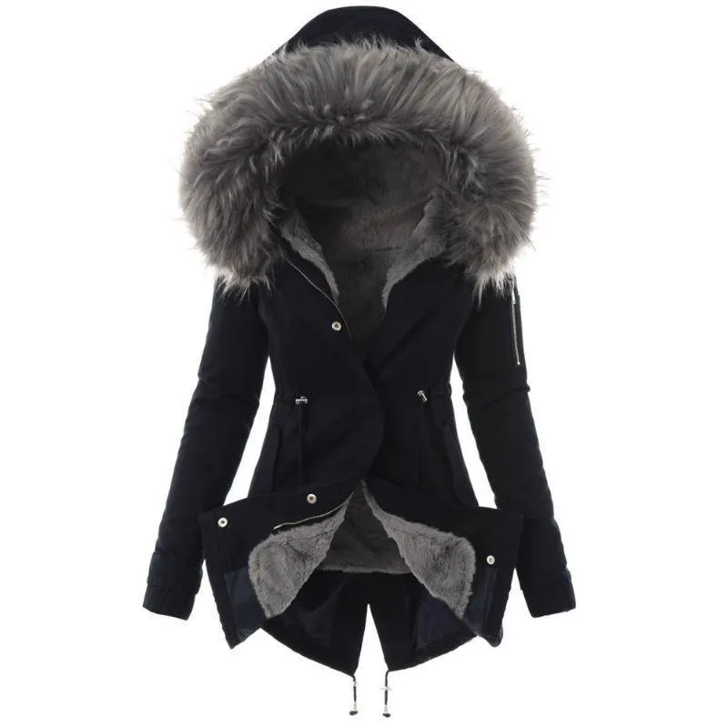 Women thick faux fur collar hooded slim fit winter coat