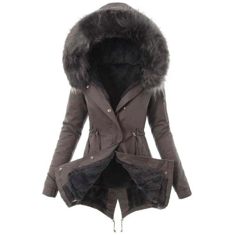 Women thick faux fur collar hooded slim fit winter coat